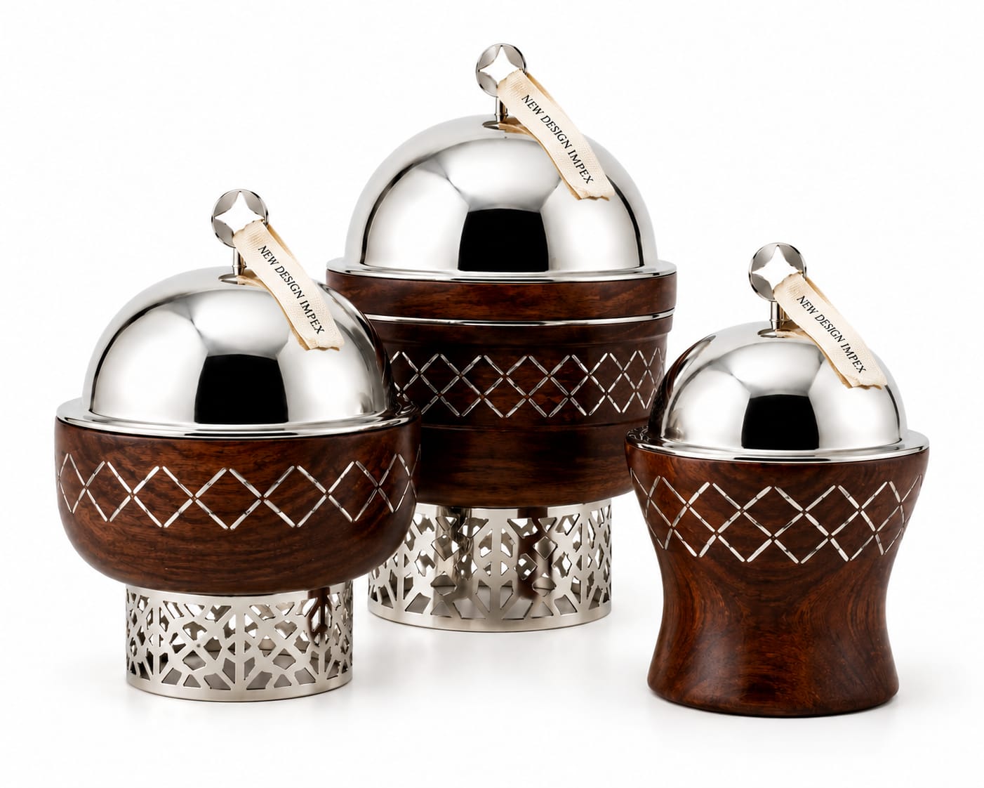 Arabian Hot Pot Set of 3 Walnut Finishing Casseroles Server Hot Pot